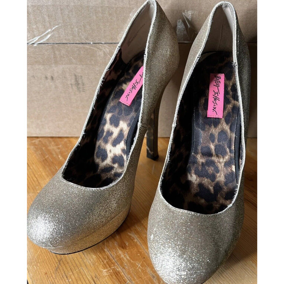 Betsey Johnson Pump Heels Shoe 10 M DISKKO Gold Glitter Leopard Platform Party - Picture 14 of 16